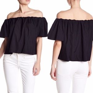 Vince Black Ruffle Poplin Off Shoulder Blouse Top
